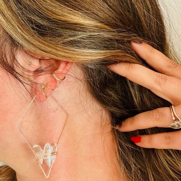 Clear Quartz Gold Handmade Boho Gemstone Crystal Hoop Earrings Hoops Jewelry - Picture 7 of 11